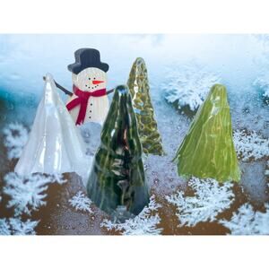 4 Decorative Christmas Trees each a Different Shade of Green/One White